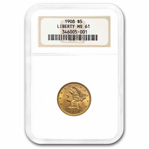 1908 $5 Liberty Gold Half Eagle MS-61 NGC